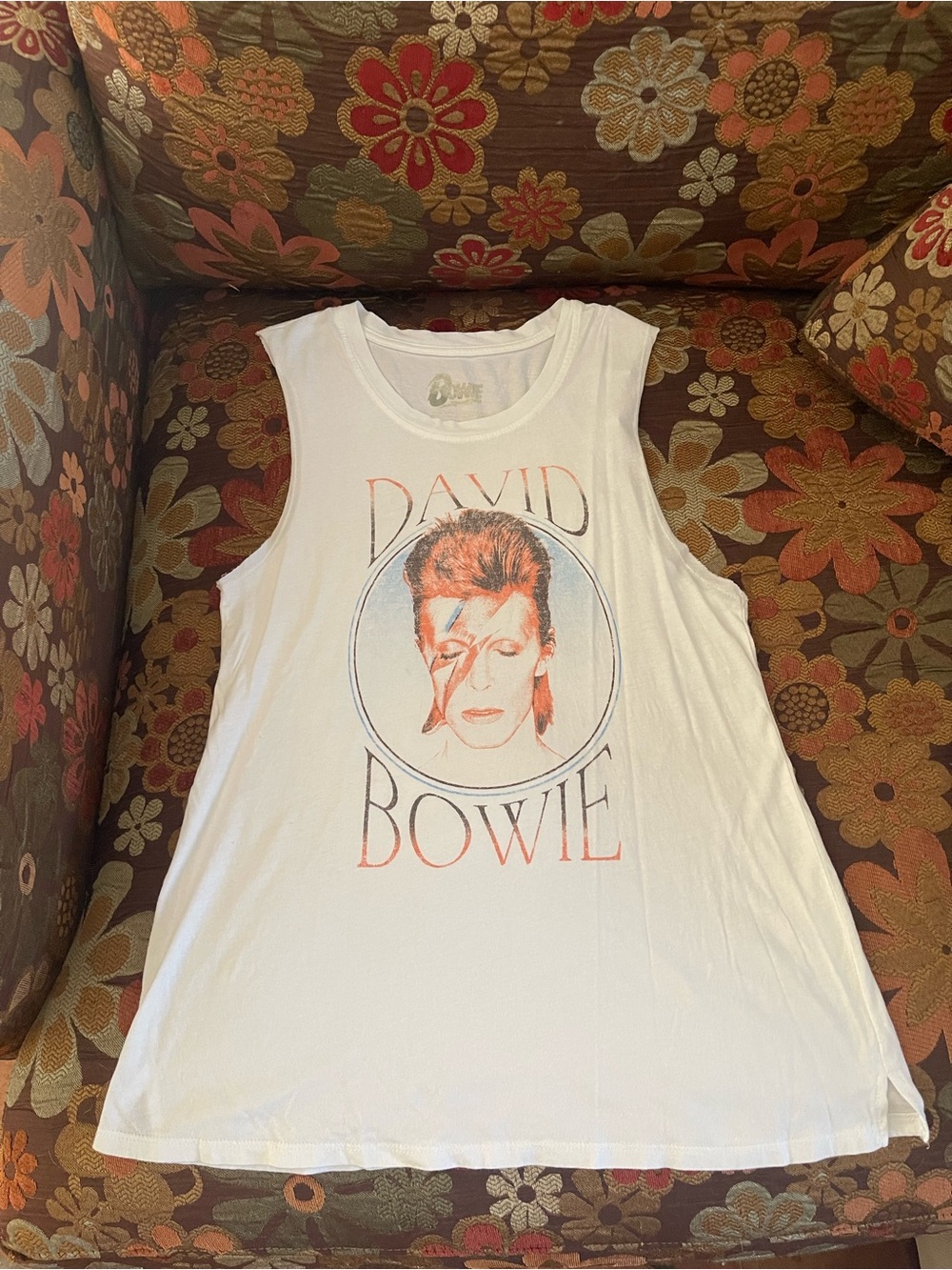 David Bowie Graphic Muscle Tee - White with Peach & Blue Print